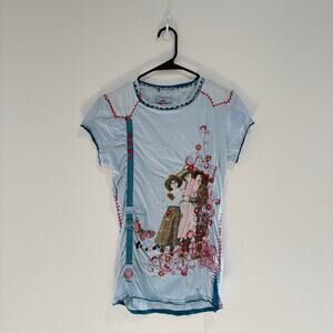 Double D Ranch "Friends" Short Sleeve Shirt Light Blue Red Stitching Size XS